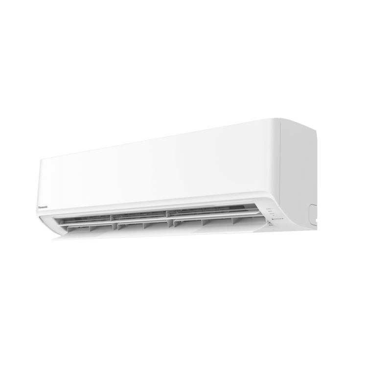 White Panasonic indoor unit, right profile with vents open.