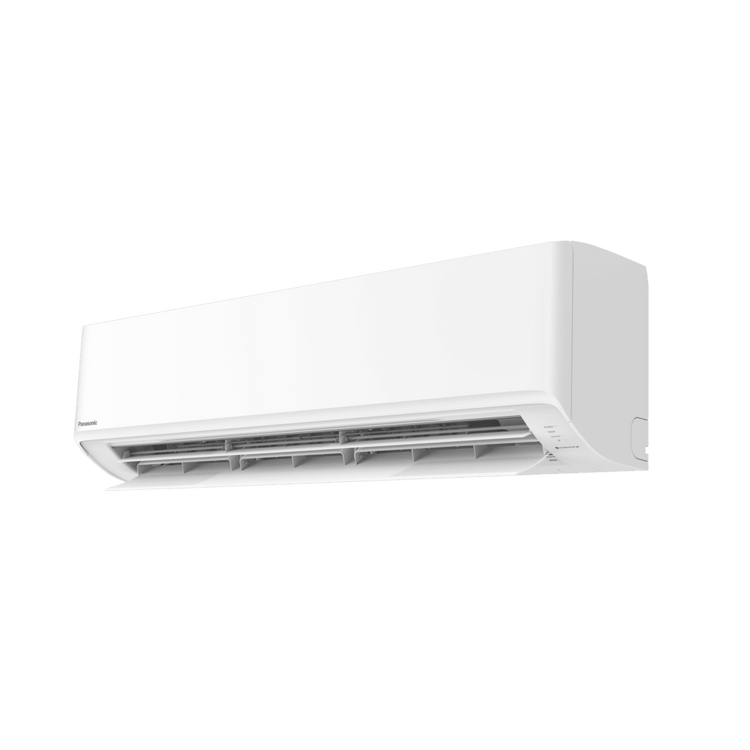 white Panasonic indoor unit with a sleek design and intuitive controls. The unit is compact and designed for efficient air conditioning in residential and commercial spaces. The control panel features clear buttons and a digital display.